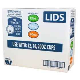 497527 Wincup Plastic Lids For 12-20 Oz Foam Cups Tear Tab Straw Slot 1000 Count
