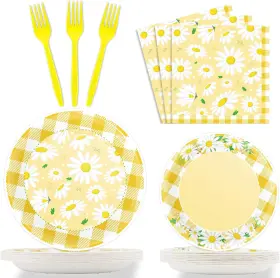 Wiooffen 313101324372 96 Pcs Daisy Flower Party Supplies For 24 Guests Tableware