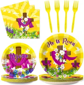 Ym0330 Wiooffen 96 Pcs Easter Tableware Set He Is Risen Plates Happy Party Yellow