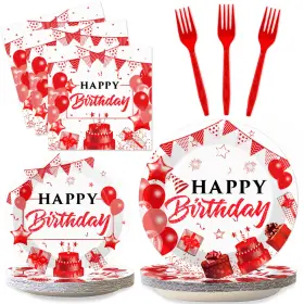 Ym0398 Wiooffen Birthday Party Tableware Set 96 Pcs For 24 Guests Red White Gold Plates