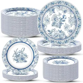 Ym0527 Wiooffen 48 Guests Floral Blue White Party Supplies Set Paper Disposable Plates
