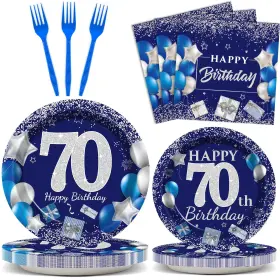 Ym0591 Wiooffen 96 Pcs 70th Birthday Party Supplies Navy Blue And Silver Plates