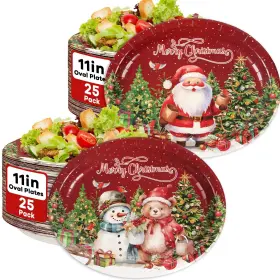 Ym0779 Wiooffen 50 Pcs Christmas Vintage Oval Paper Plates 11inch Holiday Retro Winter Santa