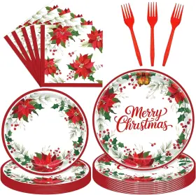 Wb176 Wobeny 96 Pieces Christmas Poinsettia Tableware Set Merry Disposable Plates