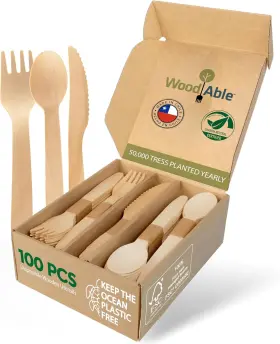 Woodable 850006689026 Disposable Wooden Cutlery Set - 100% Home Compostable 100 Mix 40 Forks