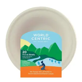 World Centric 894410001258 Compostable Bagasse Bowl Piece 11-1/2-ounce 20 Count Light Brown