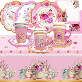 Wb187w Worldbazaar Tea Party Disposable Tableware Set Floral Supplies 12 Sets Pink Paper T