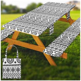Wrakus Yczb-os-05 Picnic Table Cover With Bench Covers Vinyl Elastic Edges 96in White Geometry