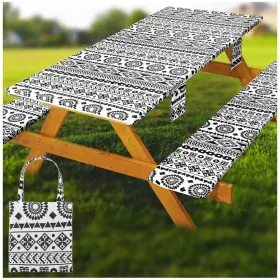 Yczb-os-05 Wrakus Picnic Table Cover With Bench Covers Vinyl Elastic Edges 96in White Geometry