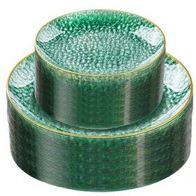 Wudkey 445042292229 60 Piece Clear Green Plastic Plates With Gold Rim Heavy Duty Hammered Disposabl