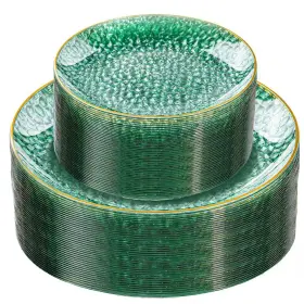 Wudkey 445042292229 60 Piece Clear Green Plastic Plates With Gold Rim Heavy Duty Hammered Disposabl