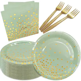 Wxldghq 016392438536 Serve 35 Guests Sage Green And Gold Party Supplies 7 Inch Disposable
