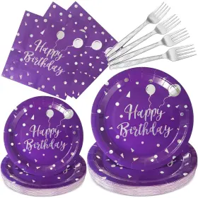 Wxldghq 748521676228 Purple Birthday Suppliessilver Plates And Napkinsserves 25 Guests Purpl