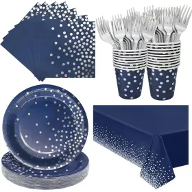 Wyqjhkv 794697539454 Serve 25 Guests Navy Blue Plates And Napkins Party Suppliesblue Silver Birt