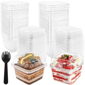 Xanllaxa 723661200199 50 Pcs 8oz Plastic Dessert Cups Square Parfait With Lids And Sporks Cake