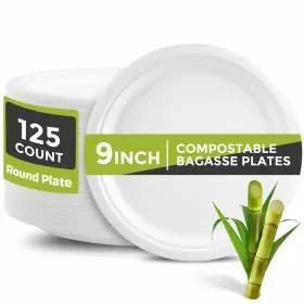 Xh.easy Go 735812749020 9 Inch Disposable Paper Plates 125 Count Made Of Biodegradable Bagasse Heavy