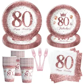 Xgb0327 Xigejob Rose Gold 80th Birthday Decorations Plates Cups Napkins Tableware Serve 24