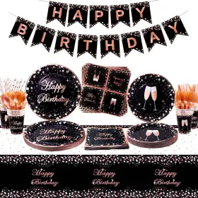 Xjlantte 676431643040 167 Pcs Black And Rose Gold Party Supplies - Birthday Banner Plate