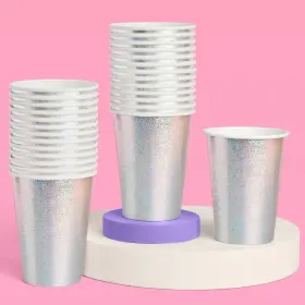 Xo Fetti 810148833565 Silver Iridescent Shimmer Paper Cups 50 Pcs 12 Oz Holographic Bachelore
