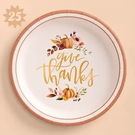 Xo Fetti 850041911328 Thanksgiving Gold Foil Plates - 25 Count Give Thanks Decorations 9 Inch Dinn