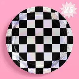 Xo Fetti 850041911717 Black And Iridescent Checker Paper Plates - 25 Pack Happy Birthday Party
