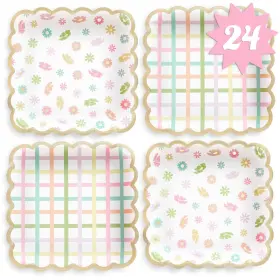 Pf-kp-pdec-plat-teap-mt-1-xx Xo Fetti Flower Plaid Paper Plates 24 Pk Square Tea Party Partea Kids Birthday