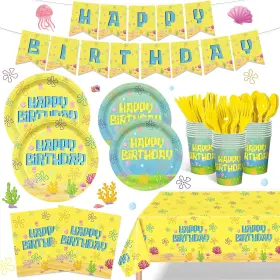 Xuexiceili 313041060033 170pcs Yellow Cartoon Party Supplies Ocean Tableware Set For Kids Boys Girls Bir
