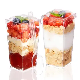 Md0001 Yanyoppint 50 Pack 3 Oz Square Mini Dessert Cups With Lids And Spoons Tall Clear Shooter
