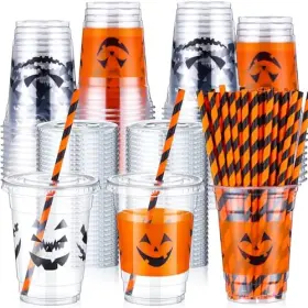 Kas-yaomiao-2793 Yaomiao 300 Pcs 12 Oz Halloween Plastic Cups With Lids And Straw Emoticon