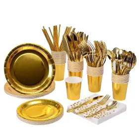 Yaosheng 719710831179 200pcs Solid Gold Party Supplies - Paper Plates And Napkins Cups Silverwar