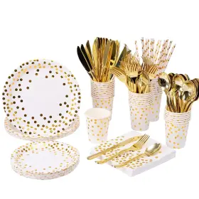 Yaosheng 719710831209 200-piece Gold Party Supplies Plates Napkins Cups Cutlery Serves 25 Sets