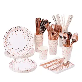 Ww001-1 Yaosheng 200pcs Rose Gold Party Supplies - Dot On White Paper Plates And Nap