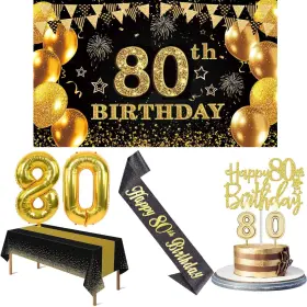 Bbc-80 Yeohjoy 80th Birthday Decorations Men Women With Banner Black And Gold