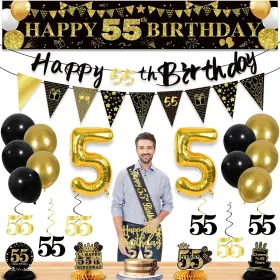 P-lacfw-55 Yeohjoy 27pcs 55th Birthday Decorations For Men Black Gold Party Hap