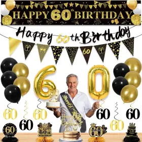 P-lacfw-60 Yeohjoy 27pcs 60th Birthday Decorations For Men Black Gold Party H