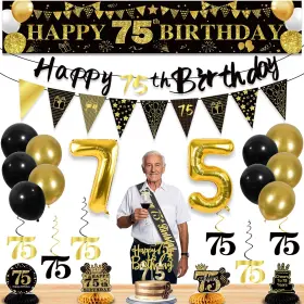 P-lacfw-75 Yeohjoy 27pcs 75th Birthday Decorations For Men Black Gold Party Hap