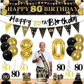 P-lacfw-80 Yeohjoy 27pcs 80th Birthday Decorations For Men Black Gold Party H