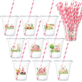 Lt-yinder-1562 Yinder 50 Sets Pink Farm Animals Themed Party Plastic Cups With Lids 12 Oz Di