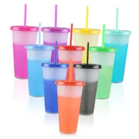 Kl023 Yndoka 24oz Color-changing Reusable Plastic Cups With Lids And Straws - 10 Pack Bulk