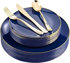 B09m845755 Youbet 125pcs Blue Plastic Plates - Gold Silverware Navy Disposable Pl