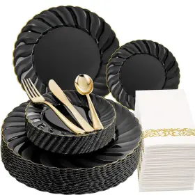 Eb00 Youbet 150pcs Black And Gold Plastic Plates - With