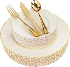 Eb125mig Youbet 125pcs Scalloped Plastic Plates - Ivory Disposable Gold Pl