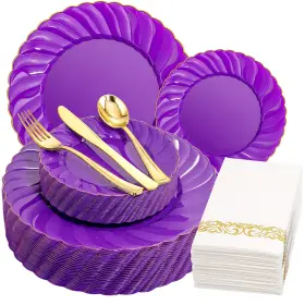 Eb150pl-np Youbet 150pcs Purple Plastic Plates - Pruple And Gold Disposable Include 25 D
