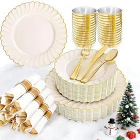 Eqb0103 Youbet 350pcs Ivory Scalloped Plastic Plates - And Gold Disposable Dinn