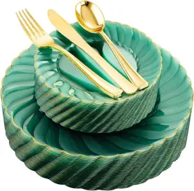 Youeb125lvgt Youbet 125pcs Clear Green Plastic Plates With Gold Rim 7.5/10.25