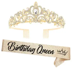 Yulips 709202347059 Birthday Queen Glitter Gold Fabric Sash With Black Foil Letters Rhinestone