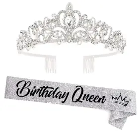 Yulips 709202347202 Glitter Silver Fabric Ftbirthday Queenft Sash With Rhinestone Crown - Womens B