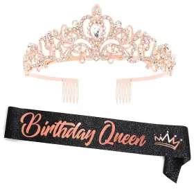 Yulips 709202347509 Birthday Queen Glitter Sash And Rhinestone Crown Set For Women - Gold Fabric Wi