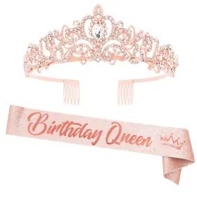 Bq-rg101g Yulips Birthday Queen Sash And Crown Set Rose Gold Glitter Size Adjustable Rhinest