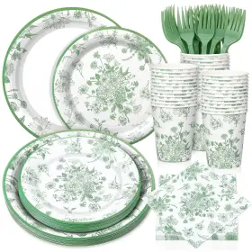 Tg-yungyan-2173 Yungyan Disposable Tableware Set Sage Green Floral 120 Pcs Serves 24 Party